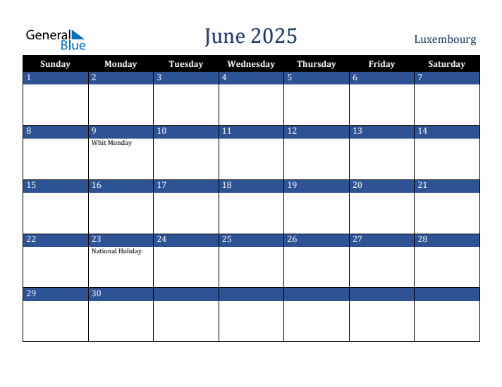 June 2025 Luxembourg Calendar (Sunday Start)