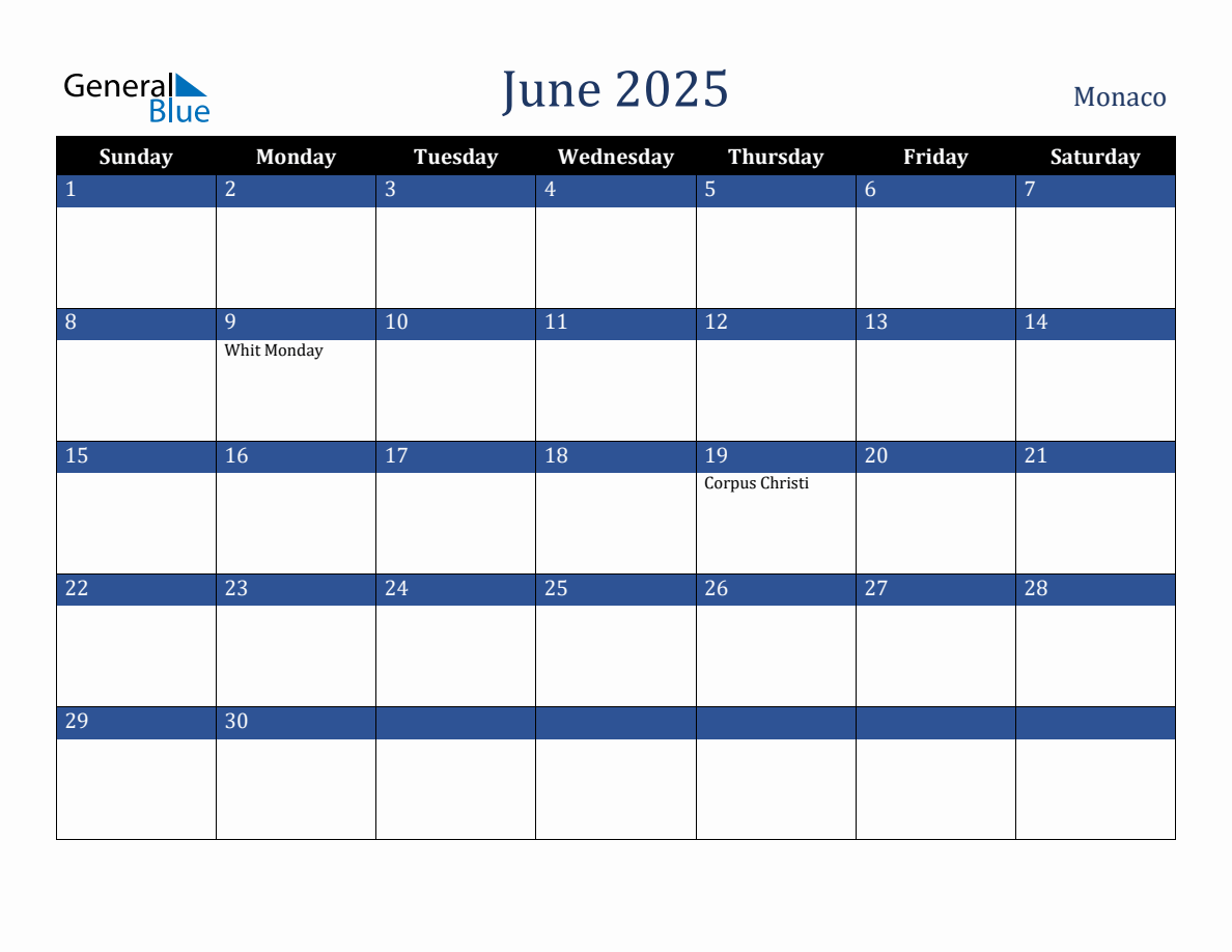 June 2025 Monaco Holiday Calendar