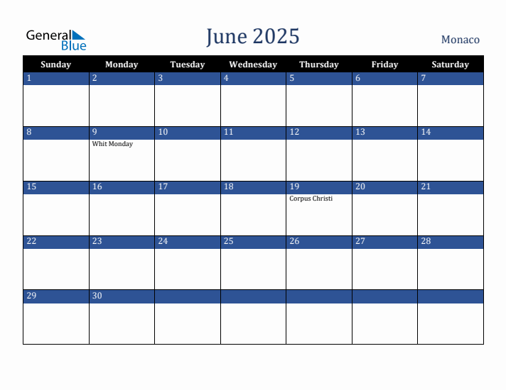 June 2025 Monaco Calendar (Sunday Start)