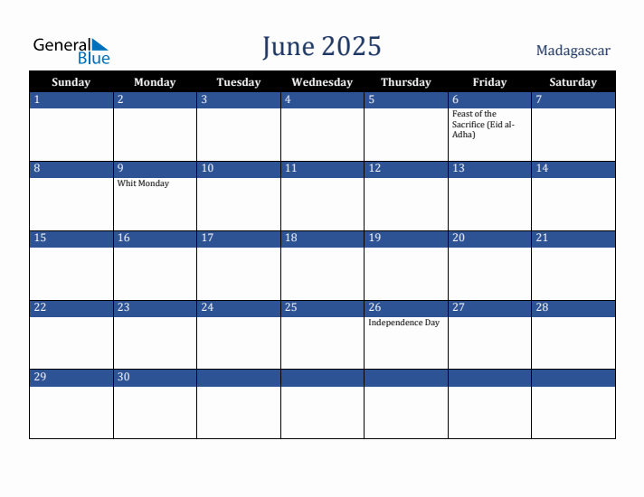 June 2025 Madagascar Calendar (Sunday Start)