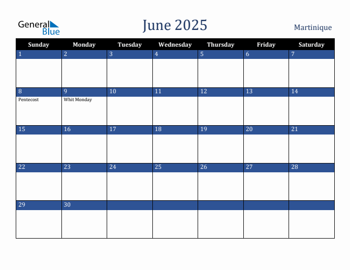 June 2025 Martinique Calendar (Sunday Start)