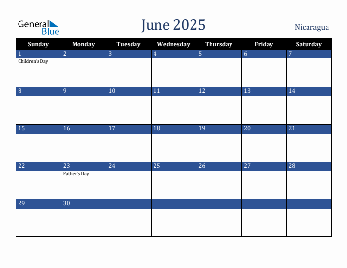 June 2025 Nicaragua Calendar (Sunday Start)