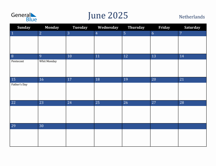 June 2025 The Netherlands Calendar (Sunday Start)