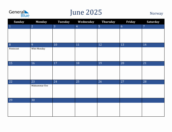 June 2025 Norway Calendar (Sunday Start)
