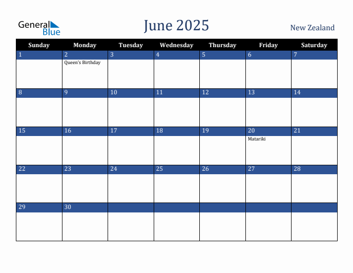 June 2025 New Zealand Calendar (Sunday Start)