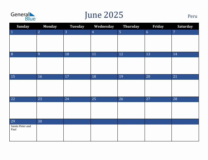 June 2025 Peru Calendar (Sunday Start)