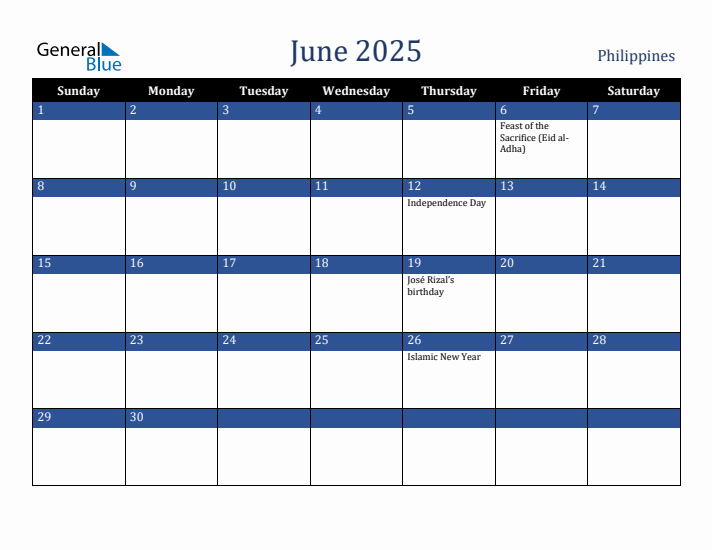 June 2025 Philippines Calendar (Sunday Start)