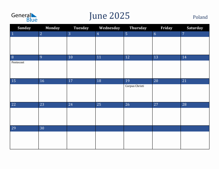 June 2025 Poland Calendar (Sunday Start)