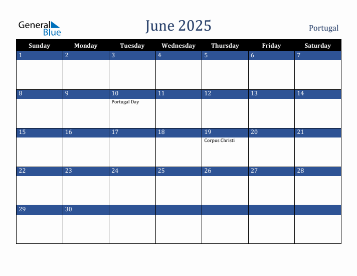June 2025 Portugal Calendar (Sunday Start)