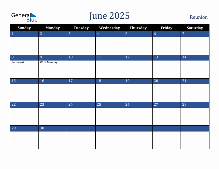 June 2025 Reunion Calendar (Sunday Start)