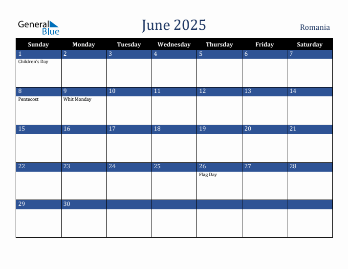 June 2025 Romania Calendar (Sunday Start)