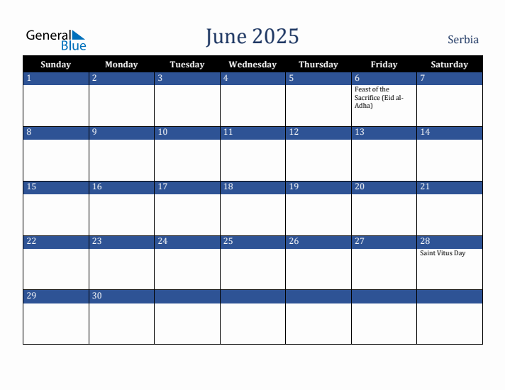 June 2025 Serbia Calendar (Sunday Start)