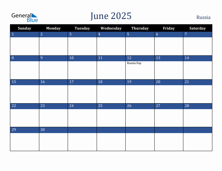 June 2025 Russia Calendar (Sunday Start)