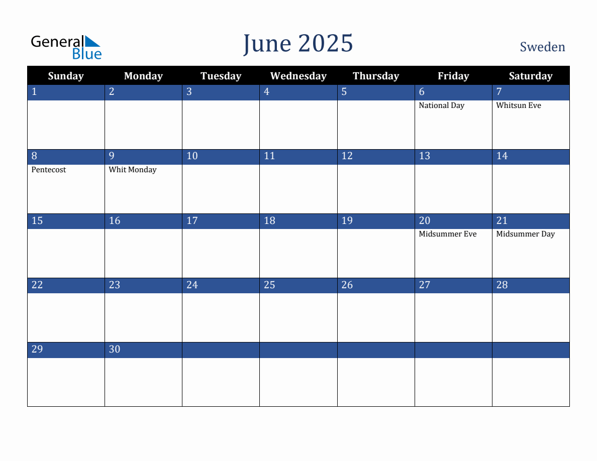 June 2025 Sweden Holiday Calendar