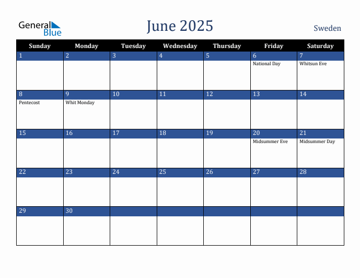 June 2025 Sweden Calendar (Sunday Start)