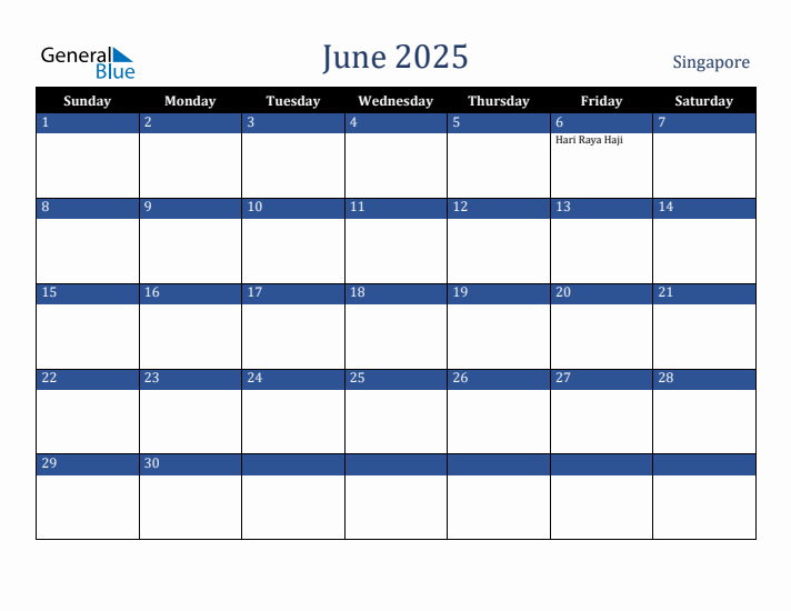 June 2025 Singapore Calendar (Sunday Start)