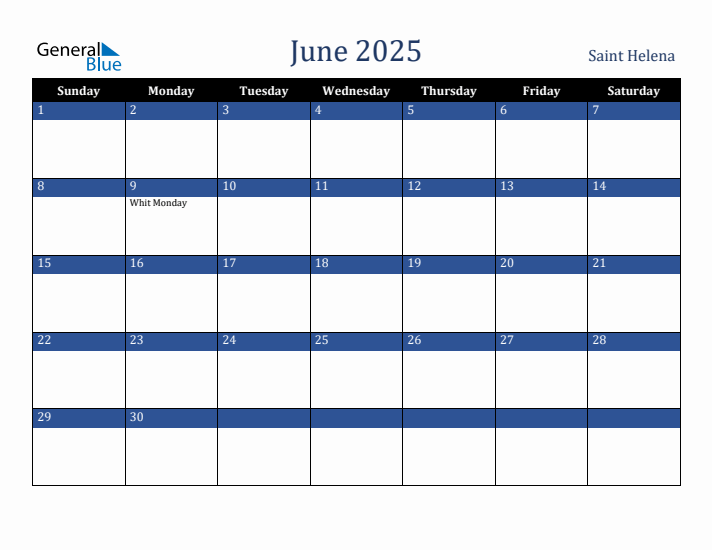 June 2025 Saint Helena Calendar (Sunday Start)