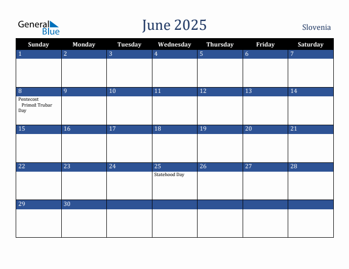 June 2025 Slovenia Calendar (Sunday Start)