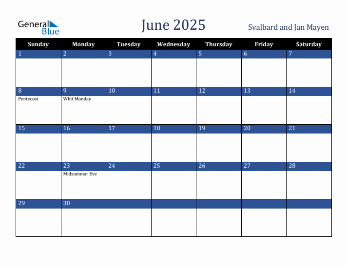 June 2025 Svalbard and Jan Mayen Calendar (Sunday Start)