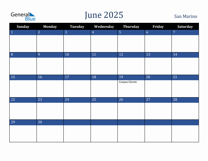 June 2025 San Marino Calendar (Sunday Start)