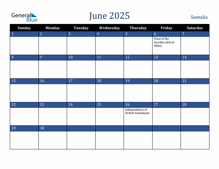 June 2025 Somalia Calendar (Sunday Start)