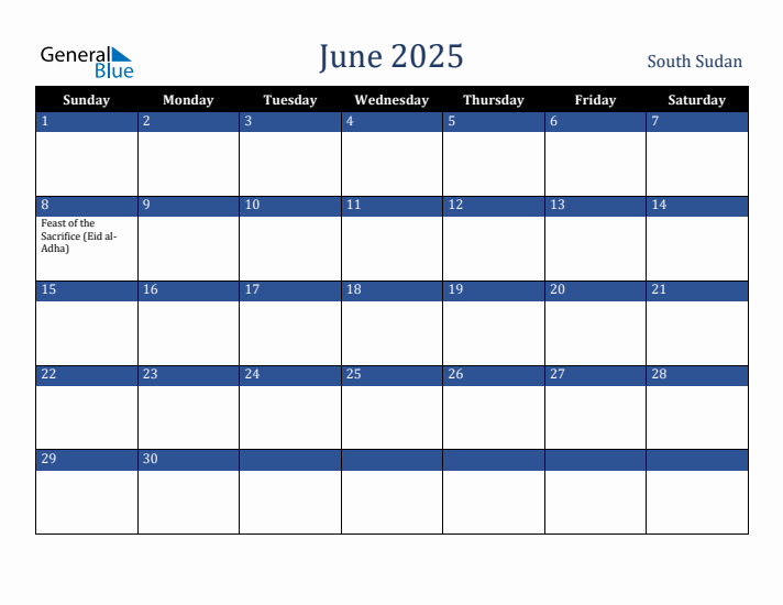 June 2025 South Sudan Calendar (Sunday Start)