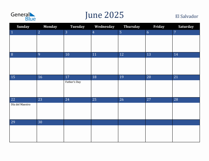 June 2025 El Salvador Calendar (Sunday Start)