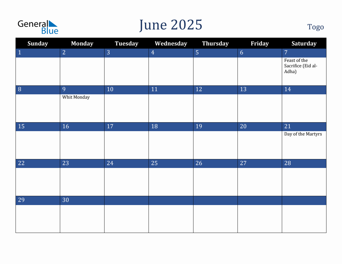 June 2025 Togo Holiday Calendar