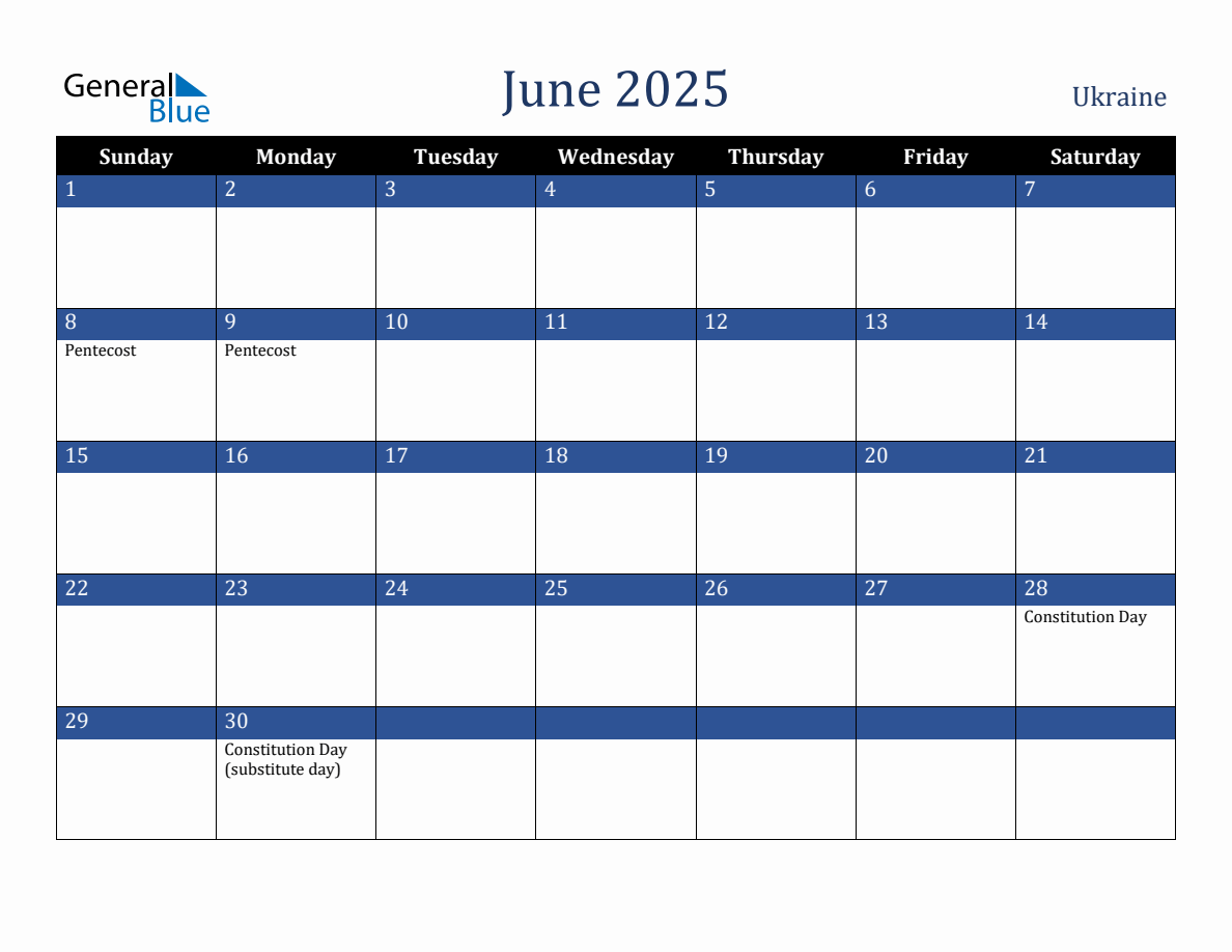 June 2025 Ukraine Holiday Calendar