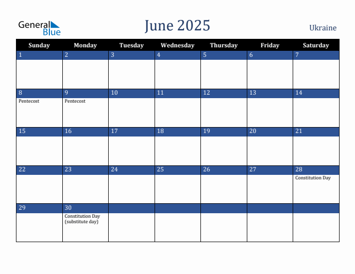June 2025 Ukraine Calendar (Sunday Start)