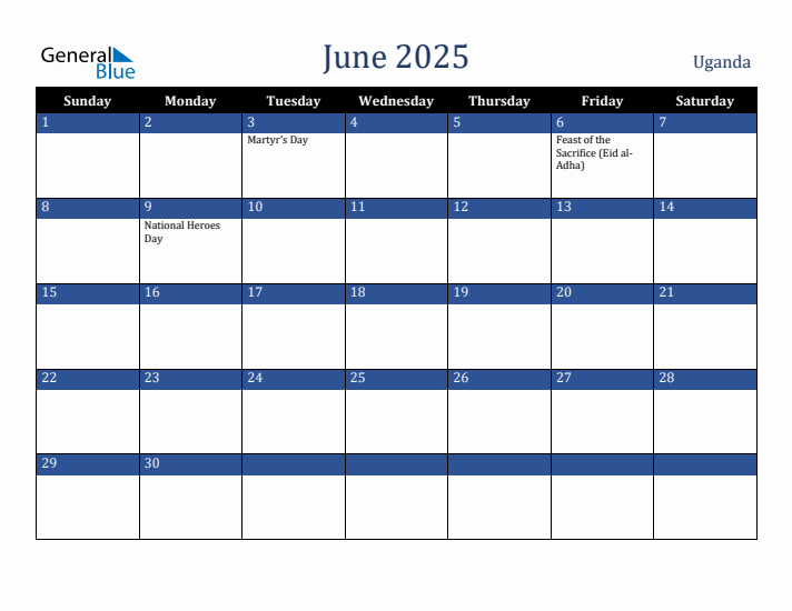 June 2025 Uganda Calendar (Sunday Start)