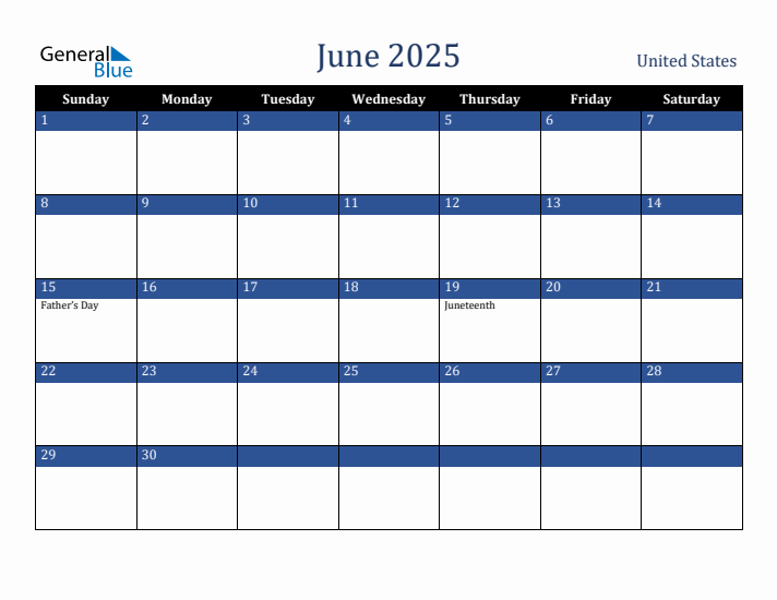 June 2025 United States Calendar (Sunday Start)