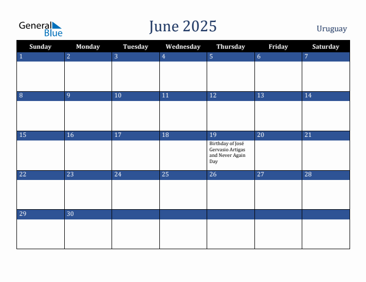 June 2025 Uruguay Calendar (Sunday Start)