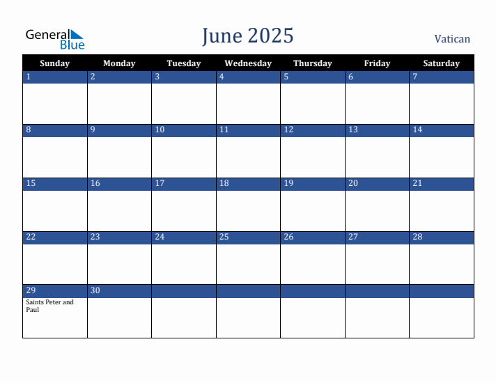 June 2025 Vatican Calendar (Sunday Start)