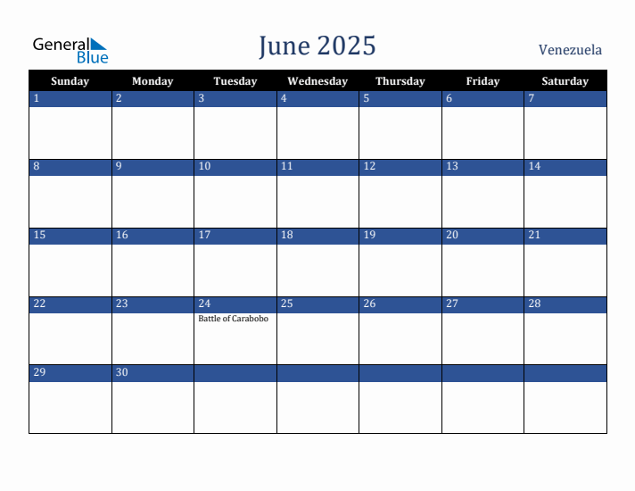 June 2025 Venezuela Calendar (Sunday Start)