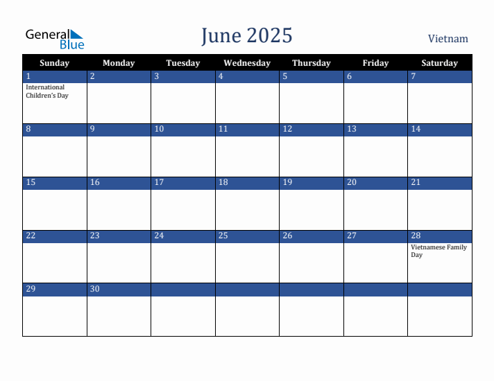 June 2025 Vietnam Calendar (Sunday Start)