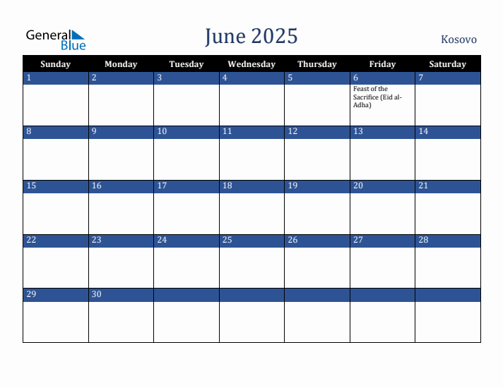 June 2025 Kosovo Calendar (Sunday Start)
