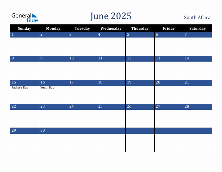 June 2025 South Africa Calendar (Sunday Start)