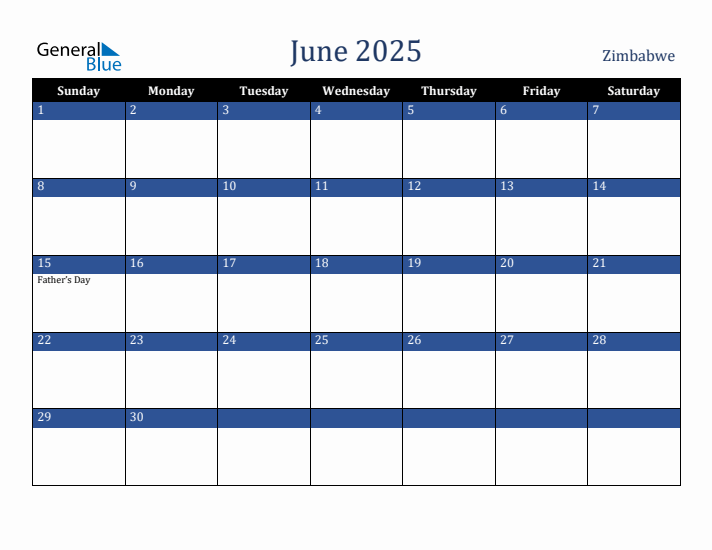 June 2025 Zimbabwe Calendar (Sunday Start)