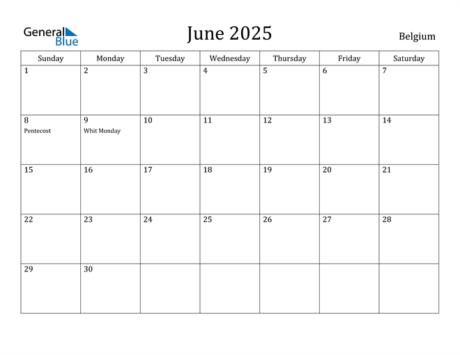 Belgium June 2025 Calendar with Holidays