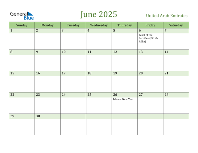 United Arab Emirates June 2025 Calendar with Holidays