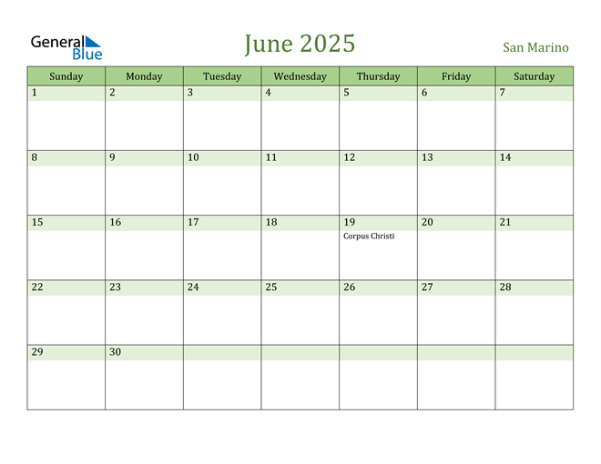 June 2025 Calendar with San Marino Holidays