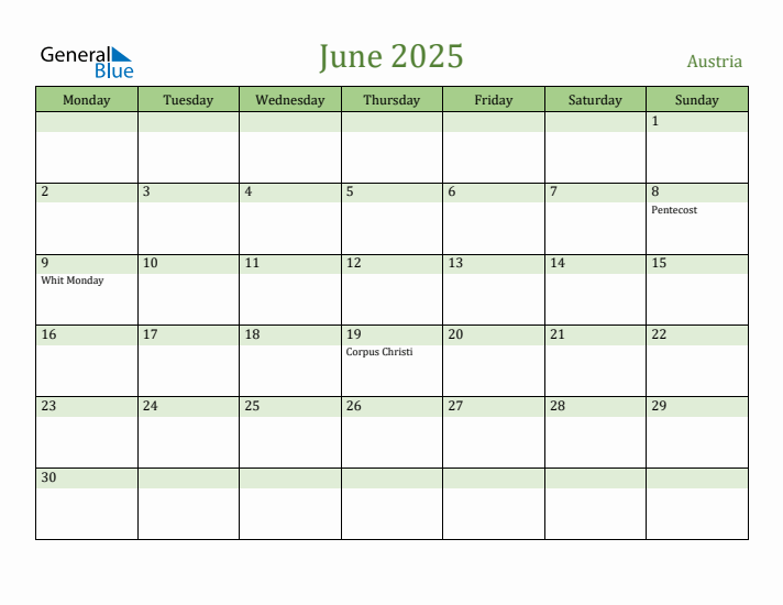 June 2025 Calendar with Austria Holidays