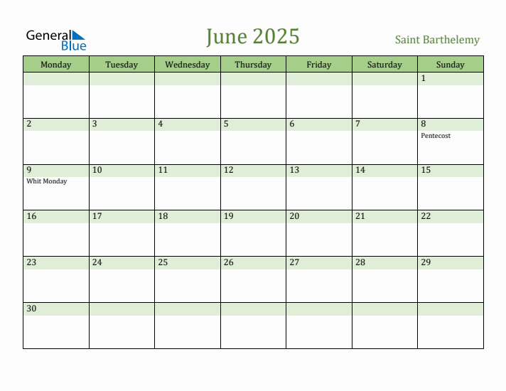 June 2025 Calendar with Saint Barthelemy Holidays