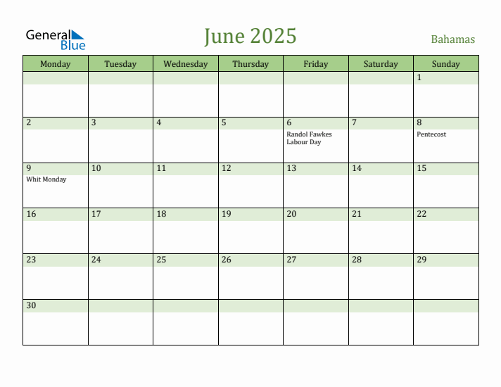 June 2025 Calendar with Bahamas Holidays