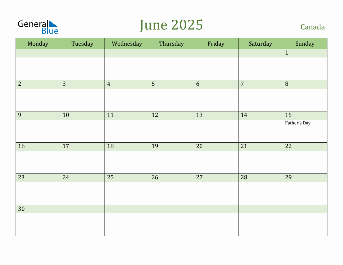 Fillable Holiday Calendar for Canada June 2025