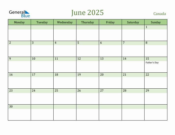 Fillable Holiday Calendar for Canada June 2025