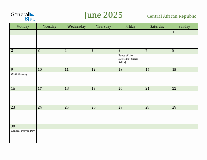 June 2025 Calendar with Central African Republic Holidays