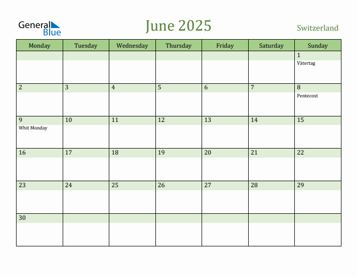 June 2025 Calendar with Switzerland Holidays