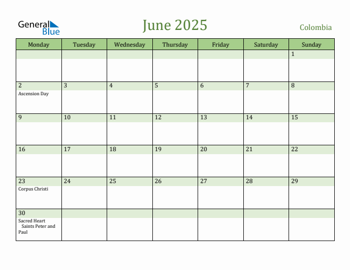 June 2025 Calendar with Colombia Holidays